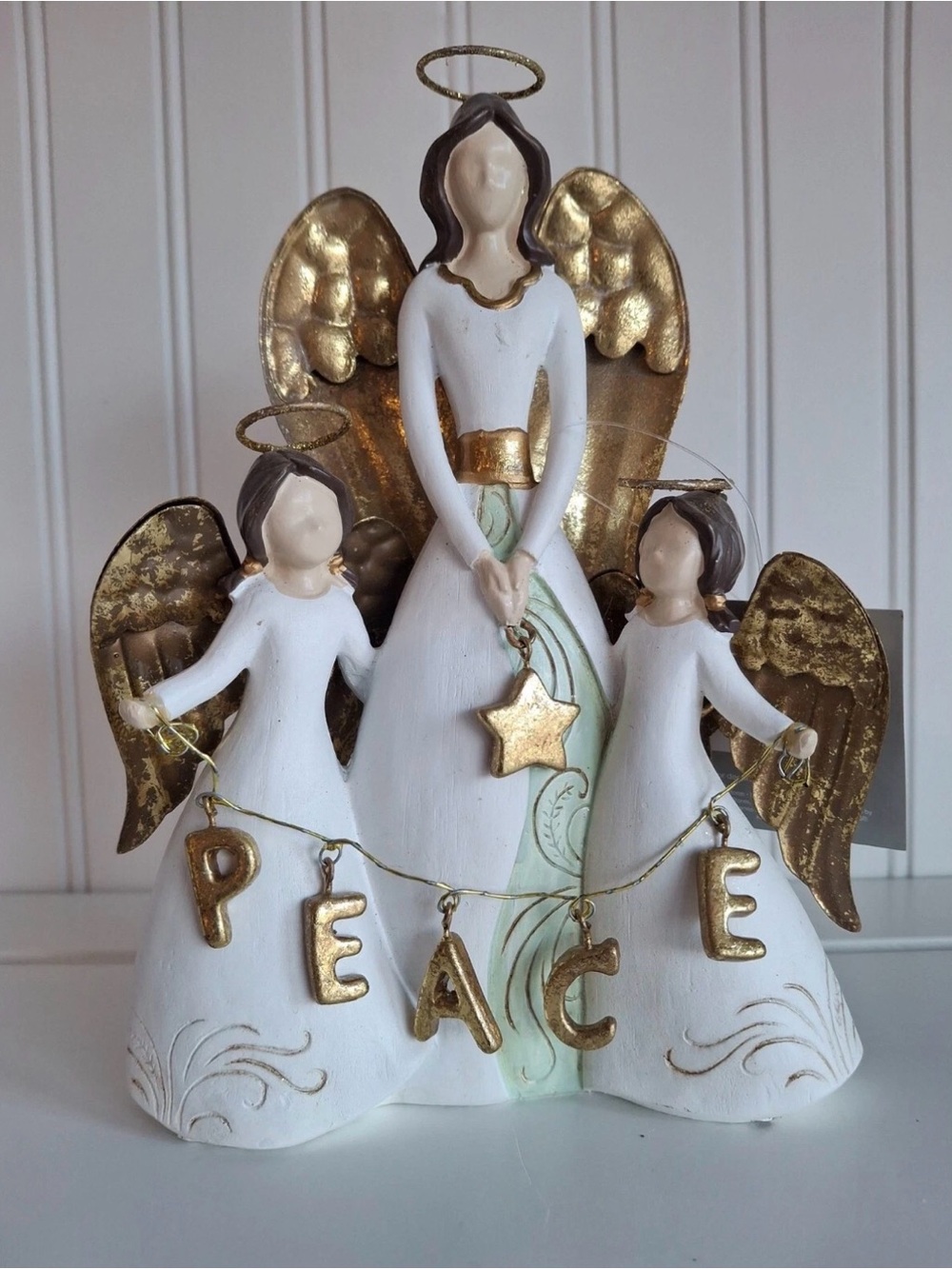 St. Nicholas Square Peace Angels Trio 8” Tall Resin w/Metal Wings White and Gold